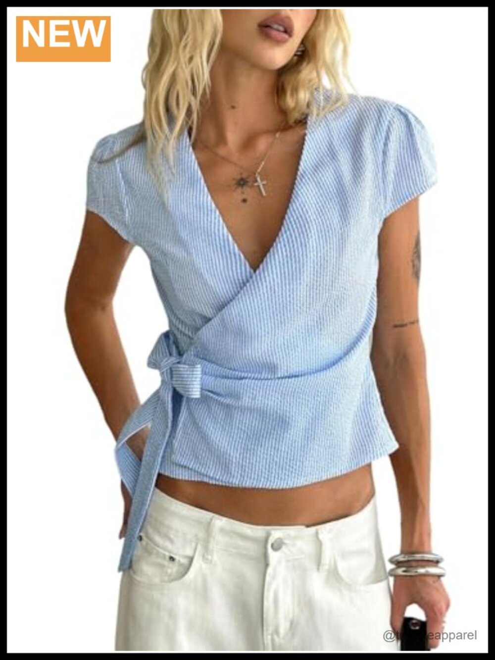 Striped Wrap Top Short Sleeve Deep V Neck Bow Tie Side Summer Blouse